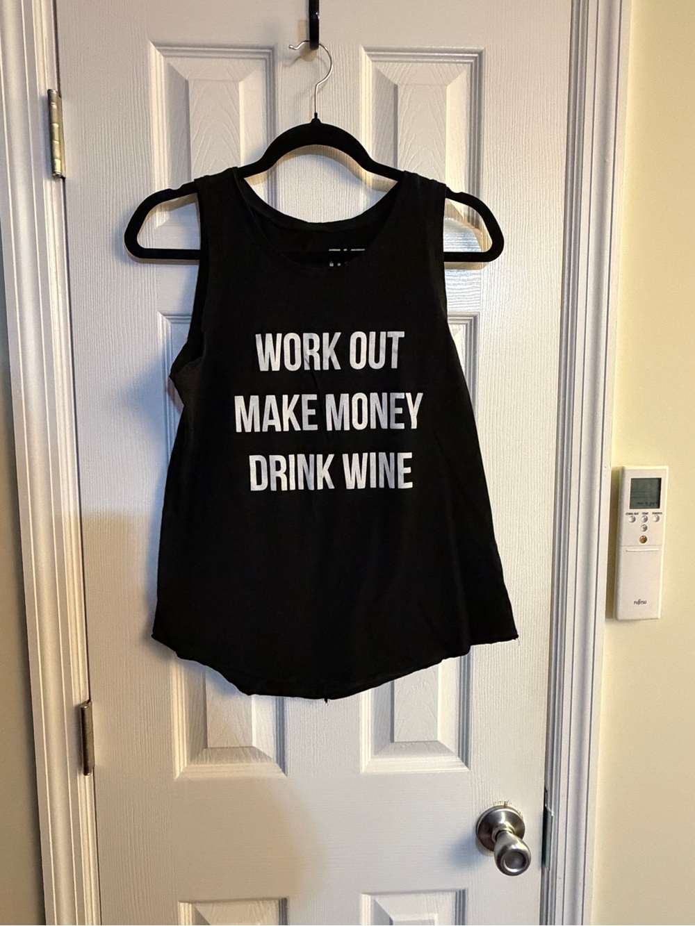 Black Graphic Workout Tank - 'Work Out Make Money Drink Wine'